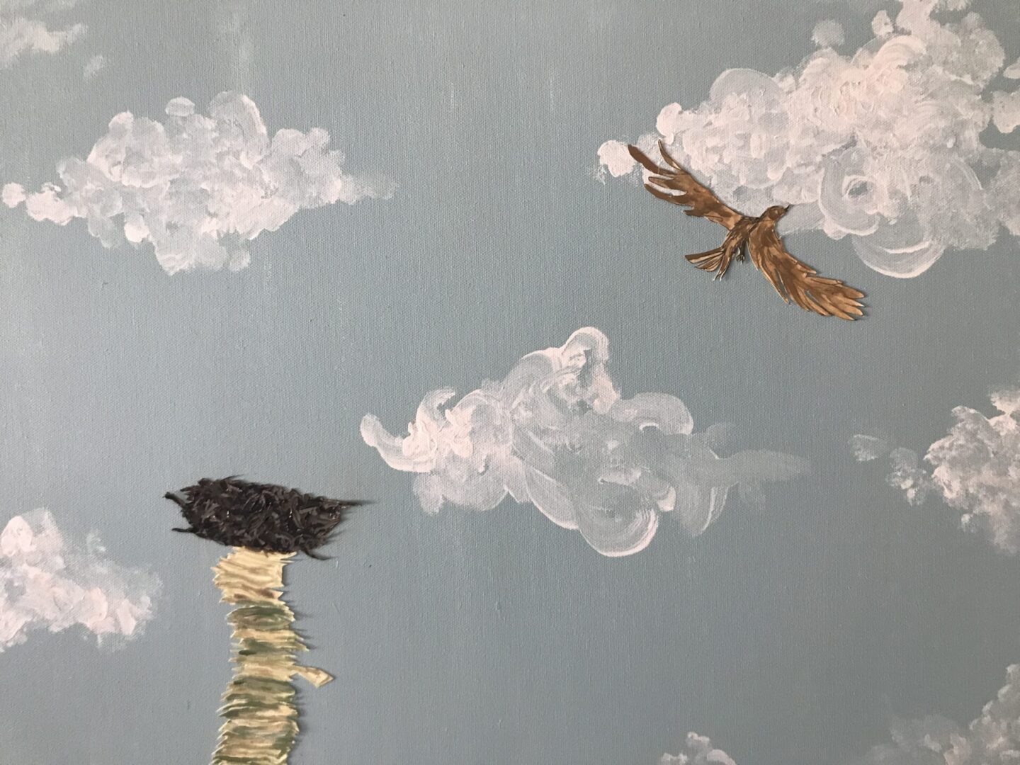 A painting of a bird and a nest with some clouds