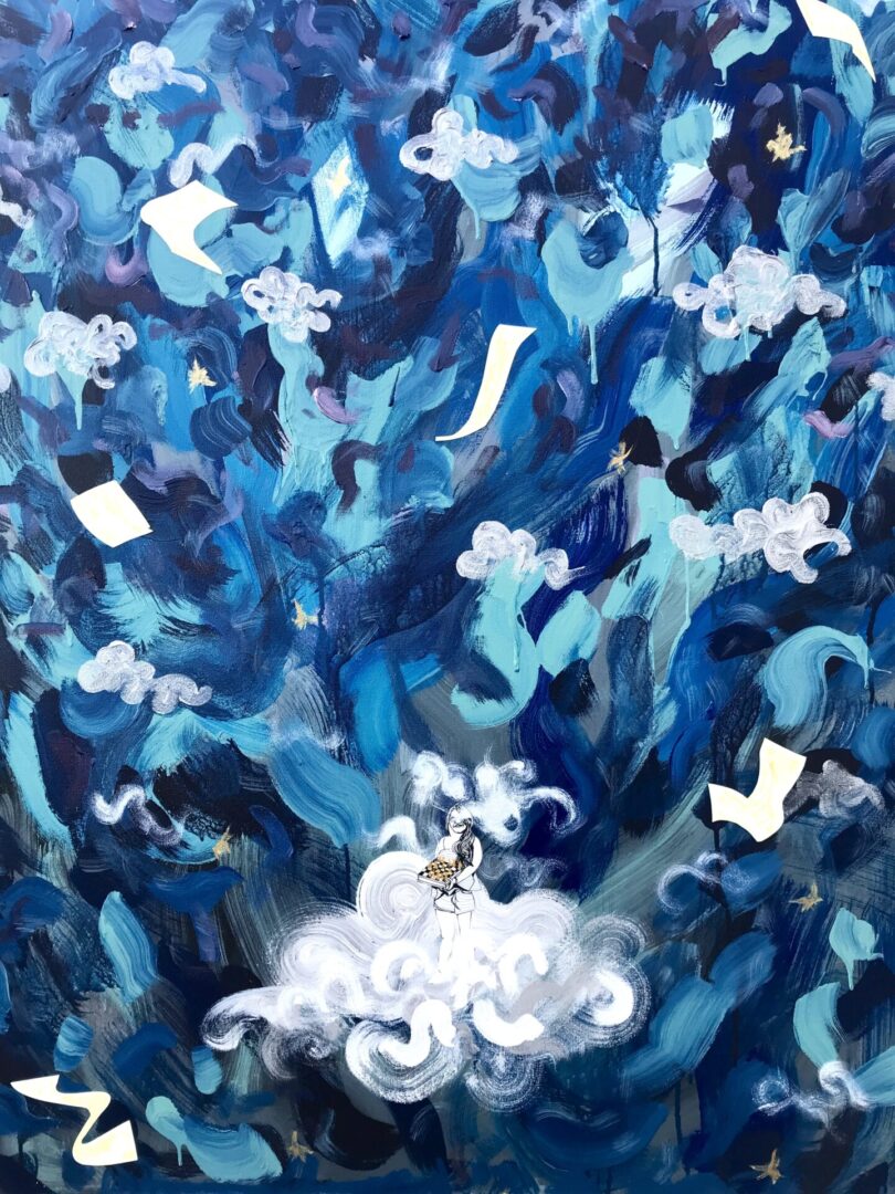 A painting of a white and blue pattern