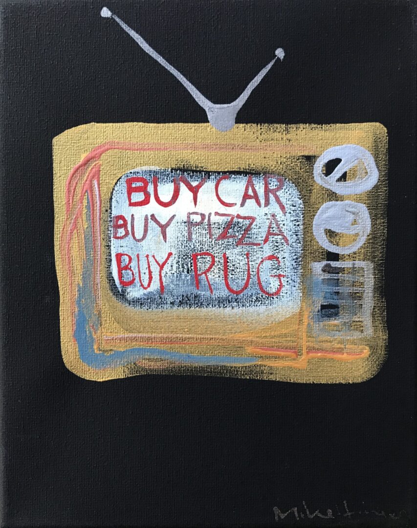 A painting of a television with a pizza ad