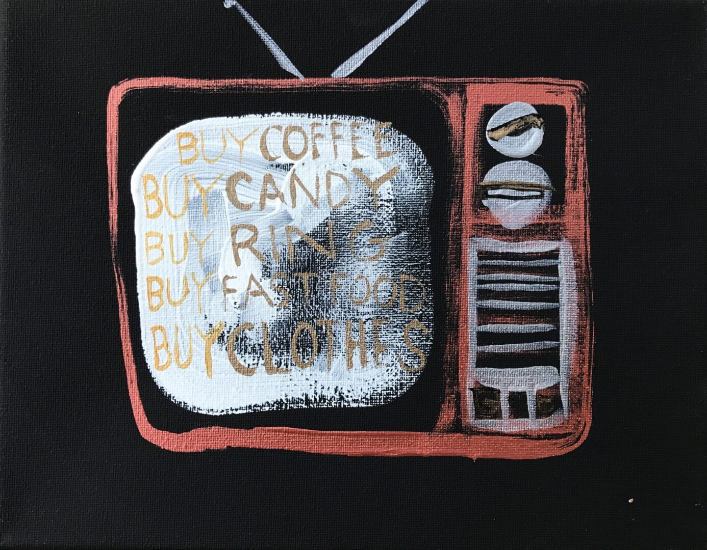 A painting of a television set with a candy ad