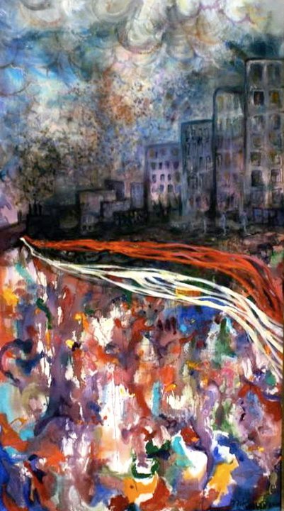 A painting of a crowd with buildings