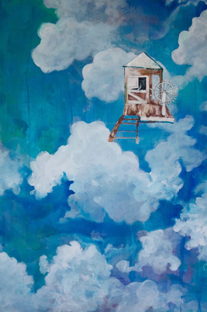 A painting of a flying tree house with clouds