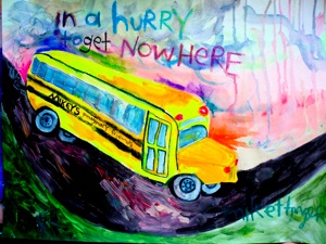 A painting of a school bus on a road