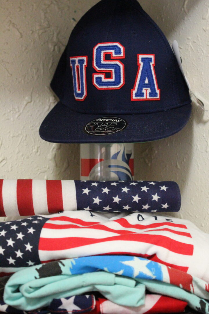 American flag printed cloths along with a cap