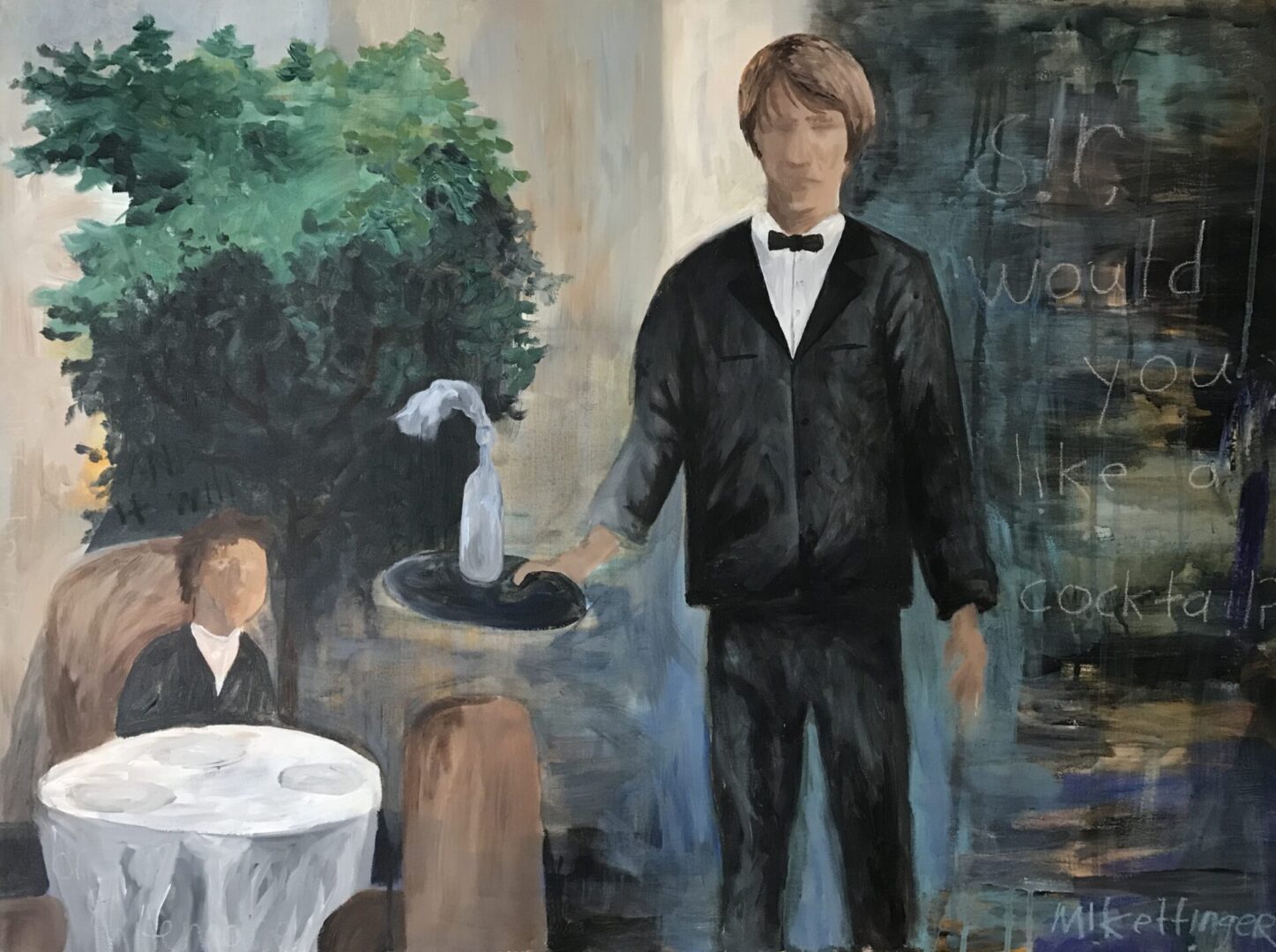 Oil painting of a waiter serving a bottle to guest