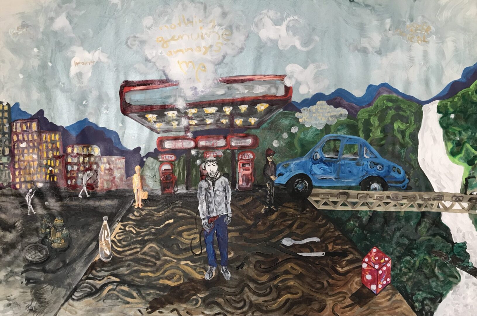 Oil painting of a gas station in the city