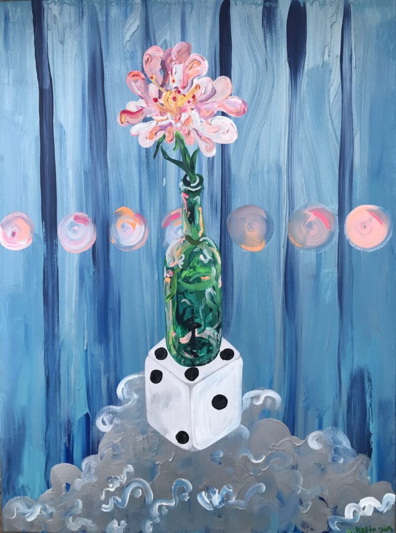 Oil painting of a flower vase on a cubical dice