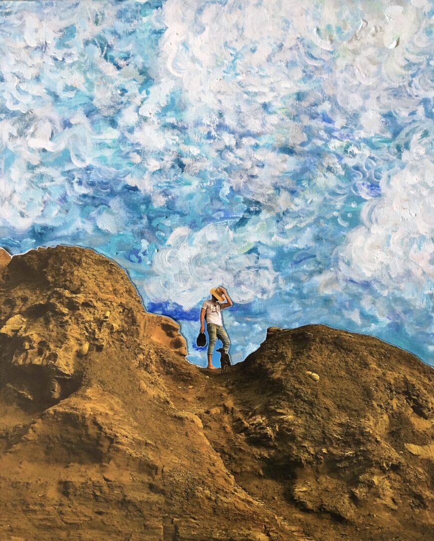 Oil painting of a man standing on a mountain with clouds