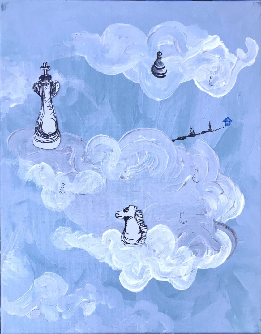 Visual oil painting of chessman on clouds
