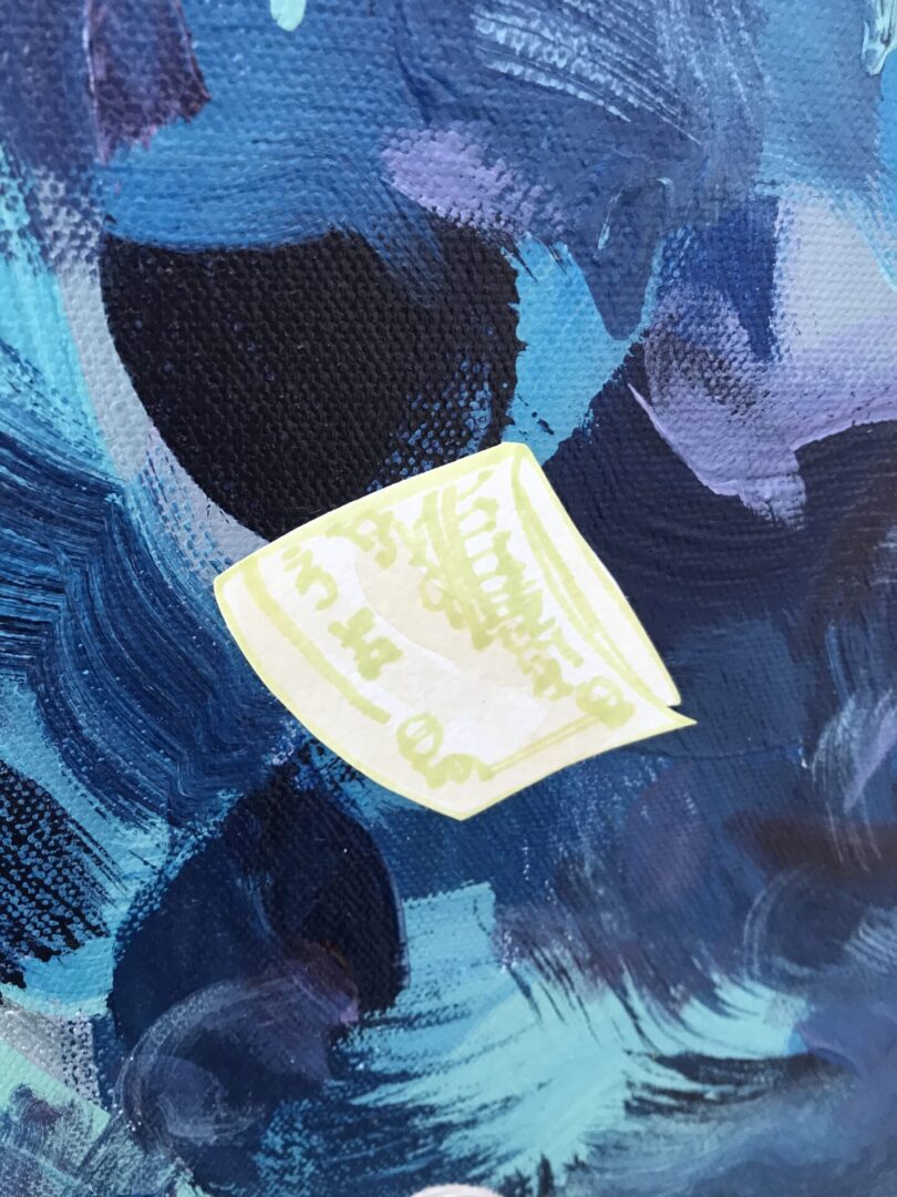 Oil painting of a fold note with blue background