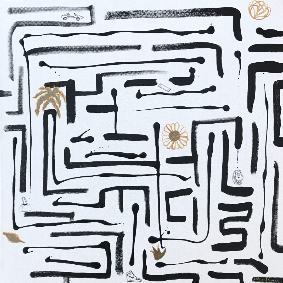 Oil painting of a maze with different objects