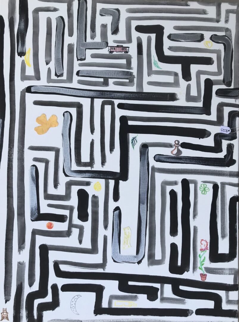 Oil painting of a maze in black color on a white sheet