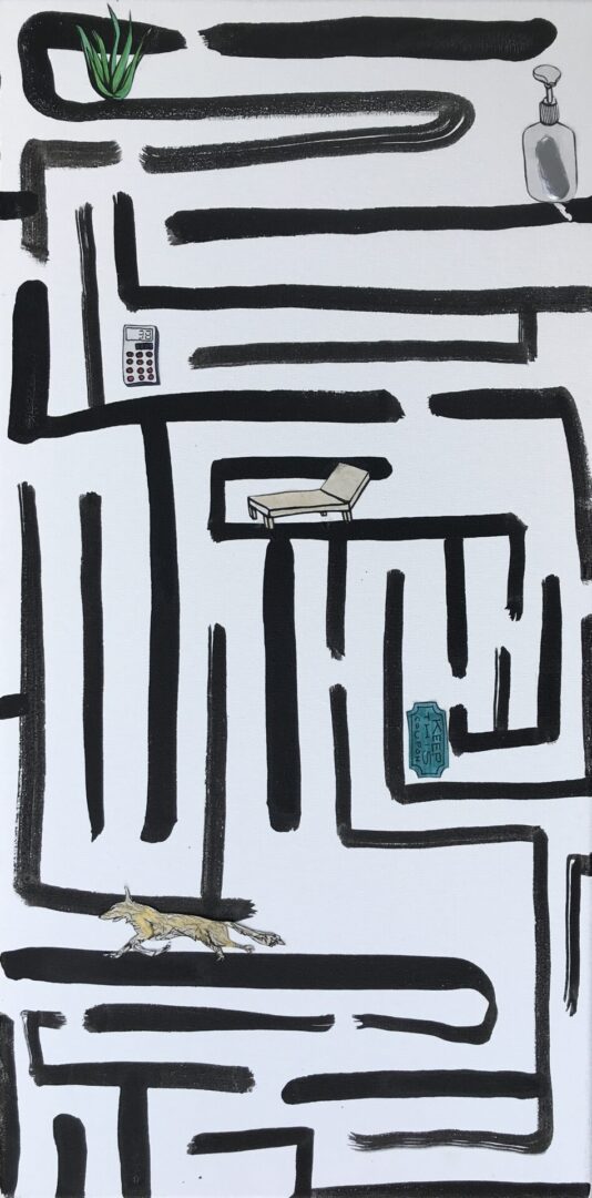 Oil painting of a maze with some objects in it