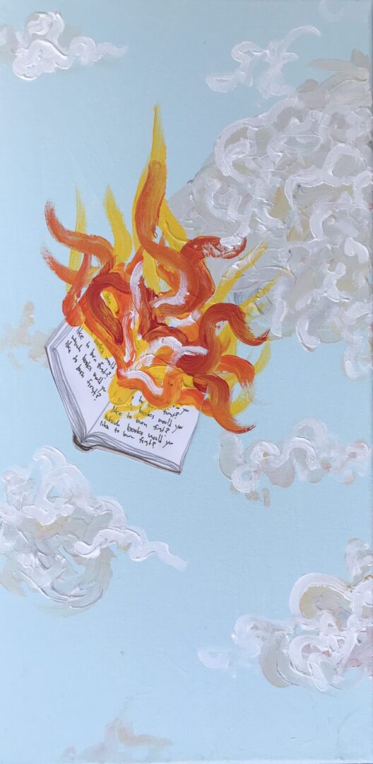 Oil painting of a book with fire and smoke going on