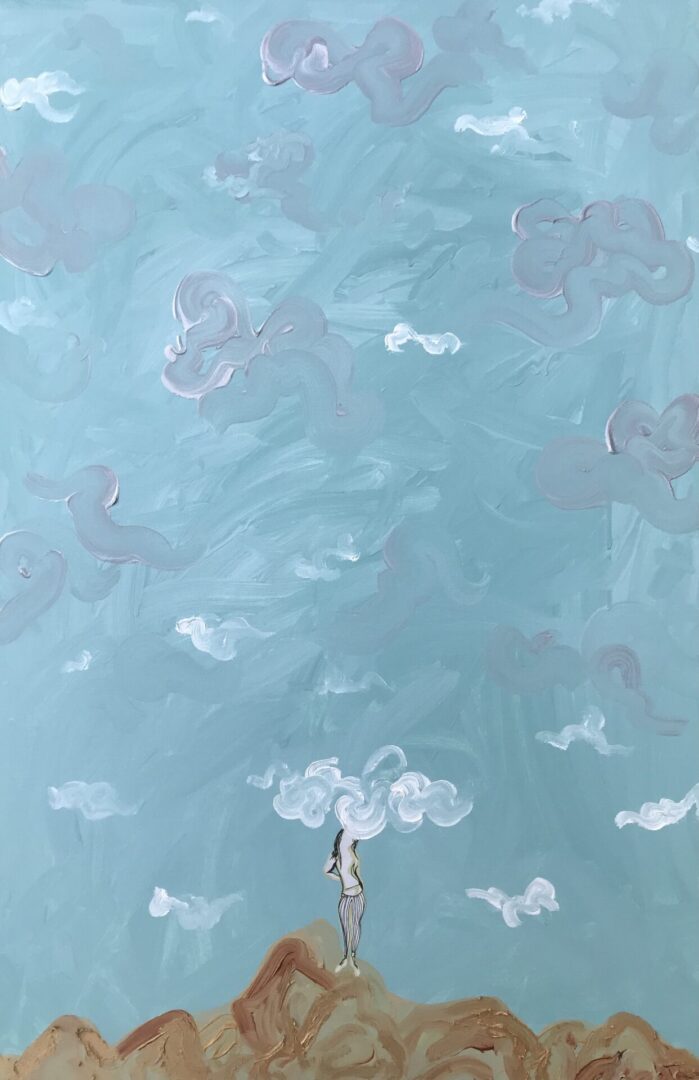 Oil painting of girl standing on mountain covered by clouds
