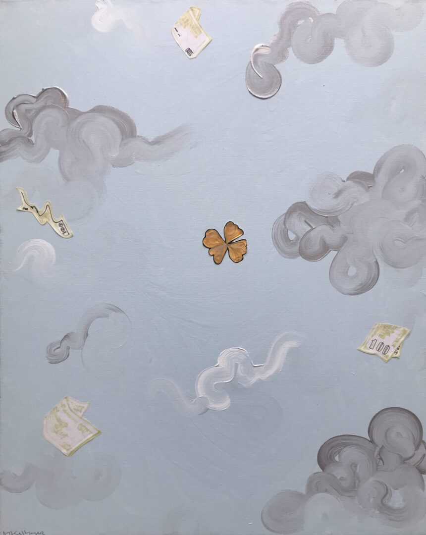 Oil painting of objects in the sky surrounded by clouds