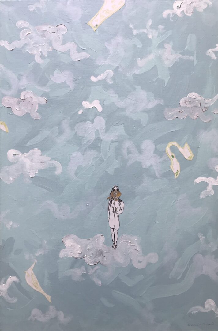 Paintings of a girl standing on a cloud with flower in hand