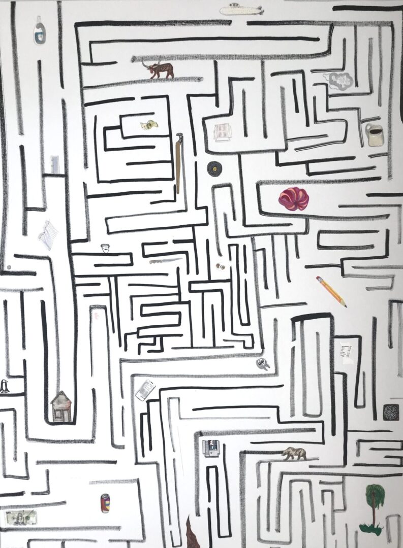 Oil painting of black and white maze with objects