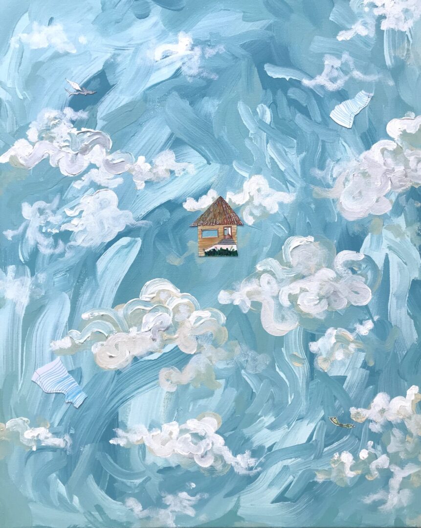Oil painting art of a house in the air surrounded by clouds