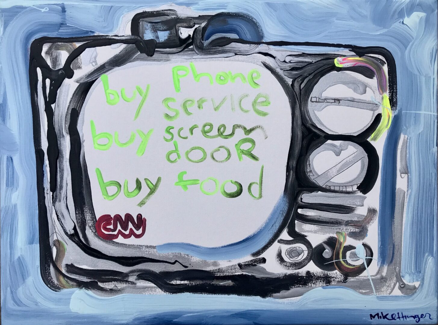 Oil painting of television and something written under it