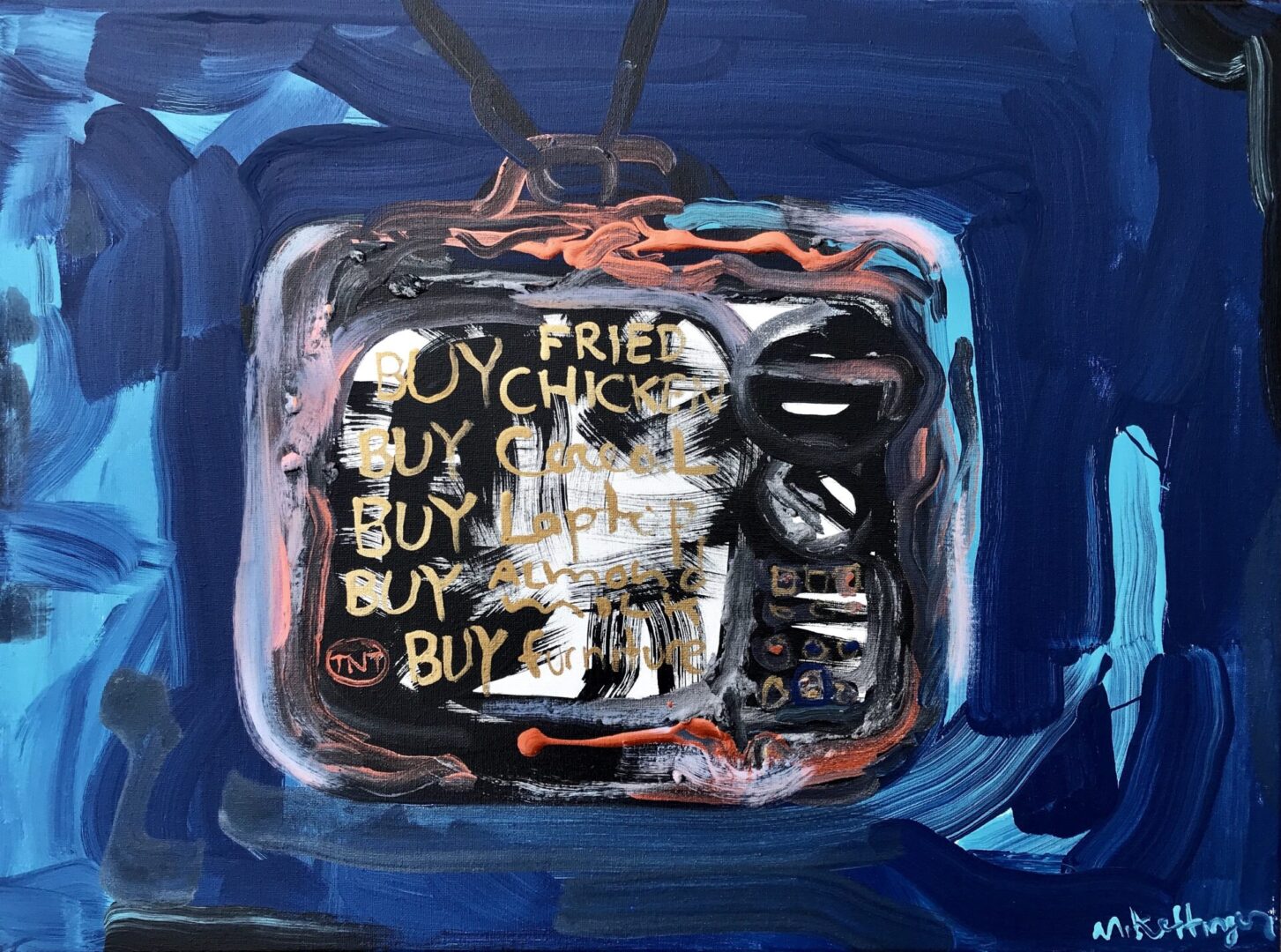 Oil painting of a television and something written under it