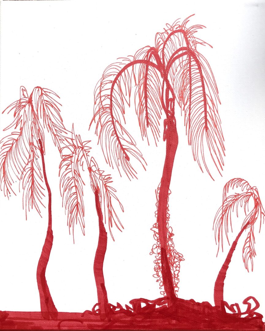 Visual art of palm trees in red color
