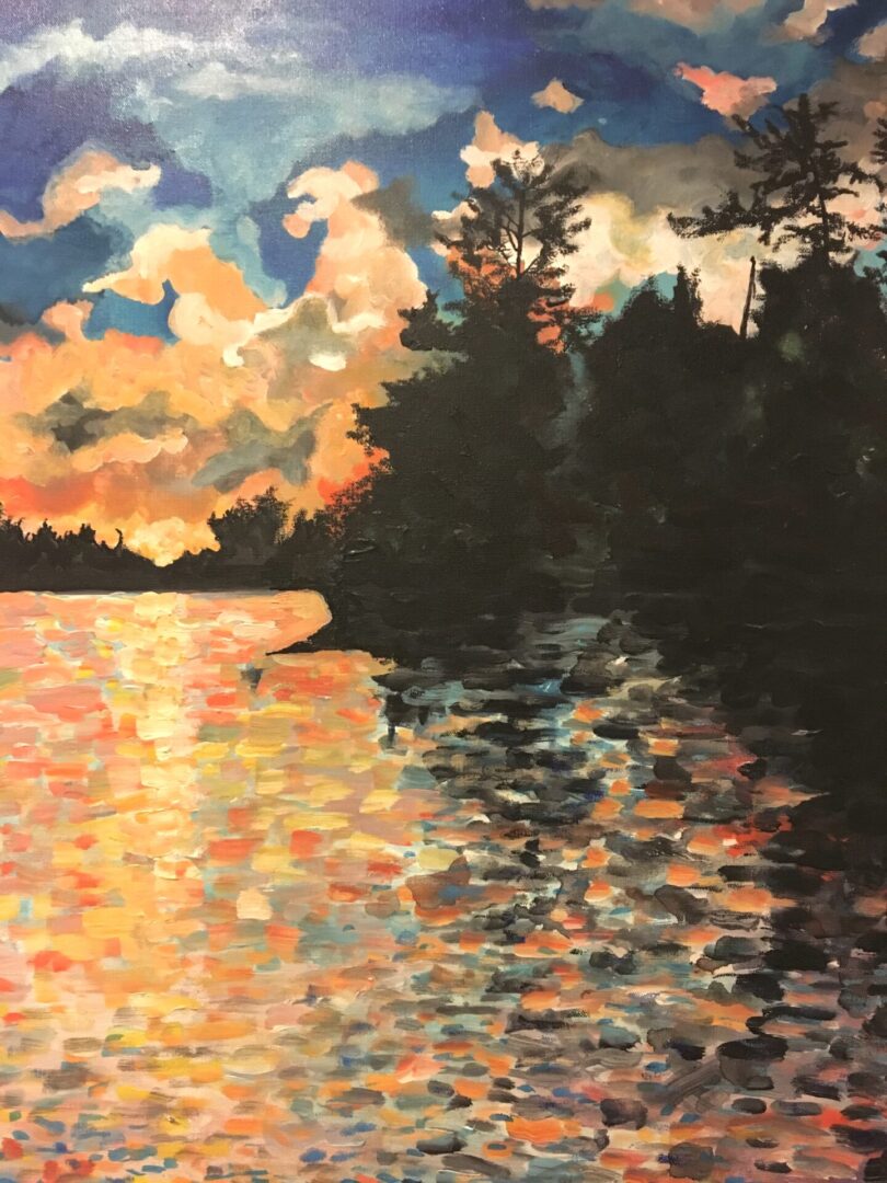 Mix media painting of a lake with trees