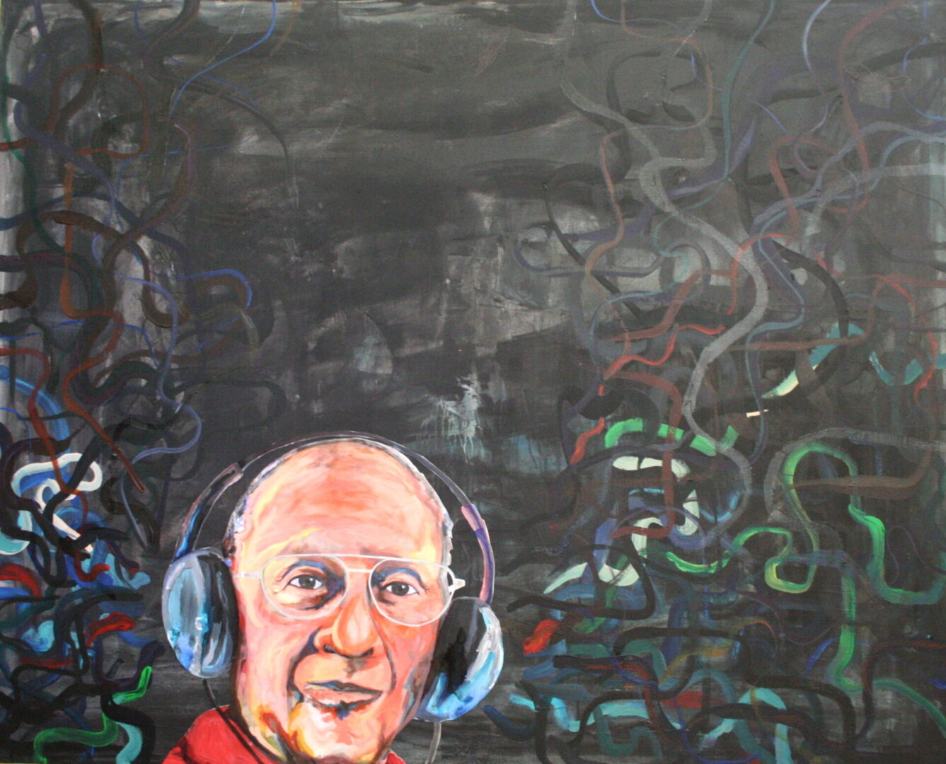 Oil painting of an old man wearing headphones and spectacles