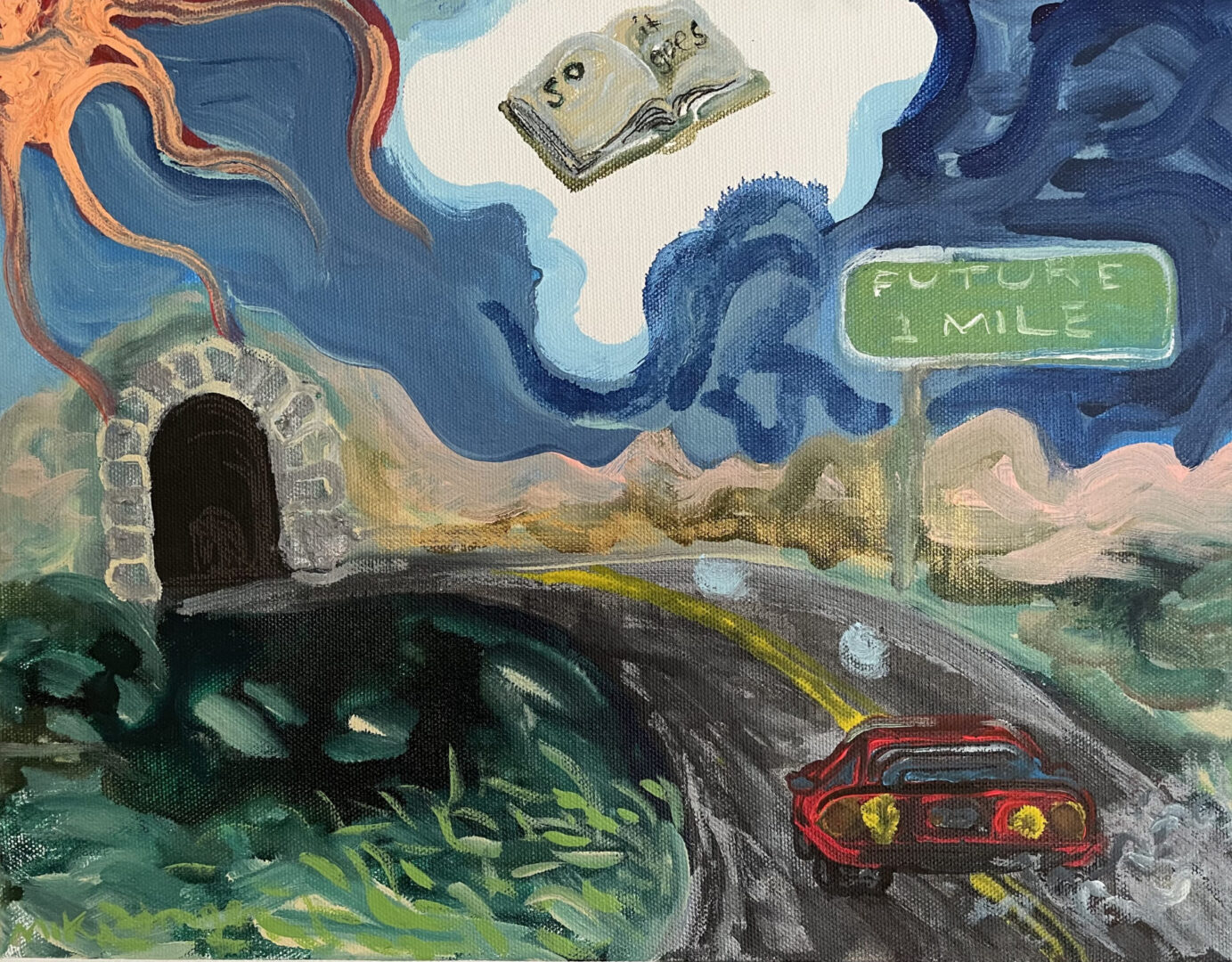 Oil painting of a car moving toward a cave on the road