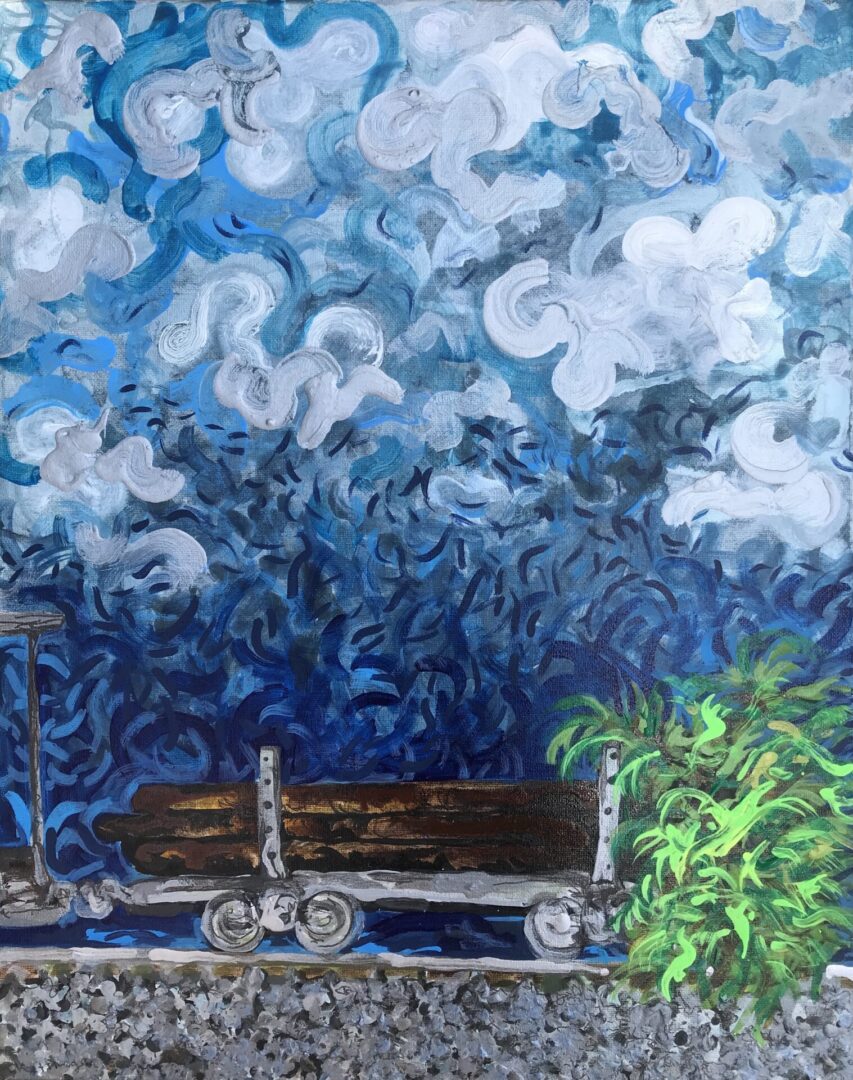 Oil painting of a wheeled cart filled with woods