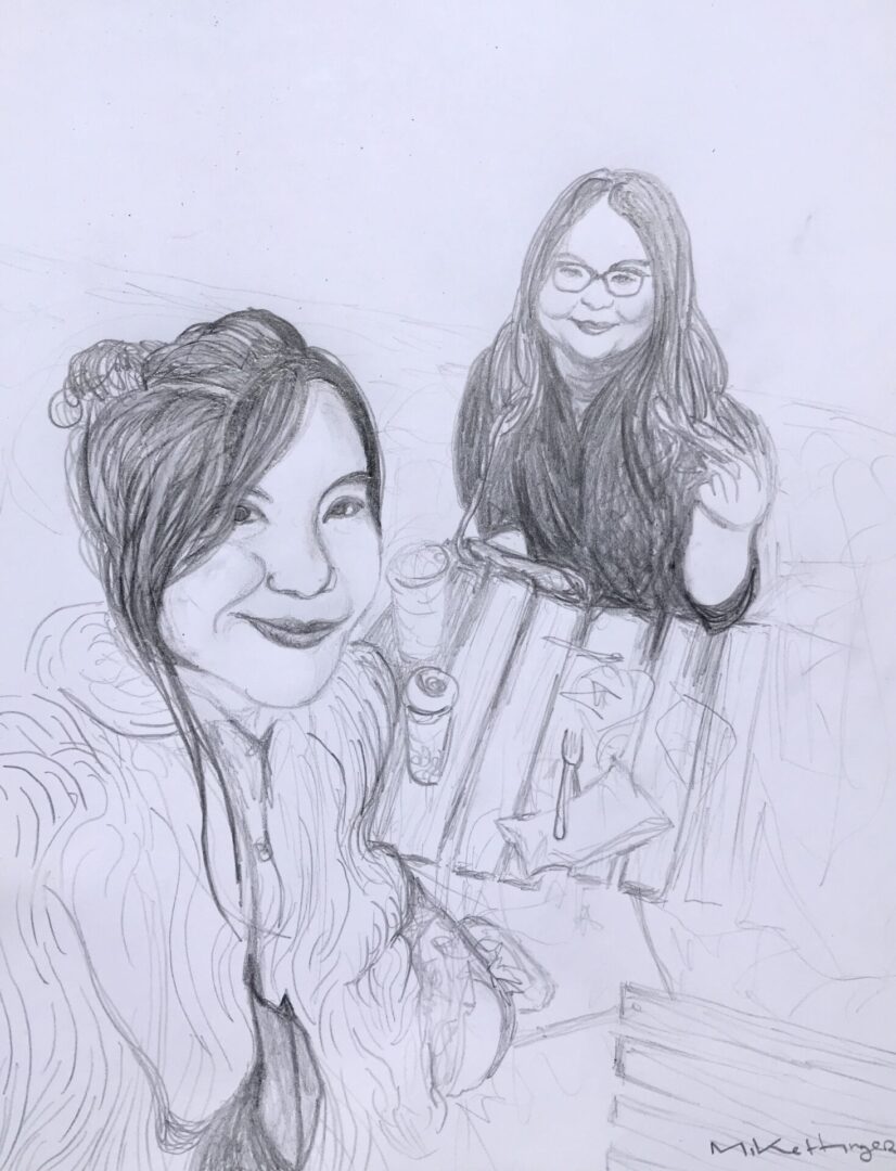 sketch of two women clicking selfie